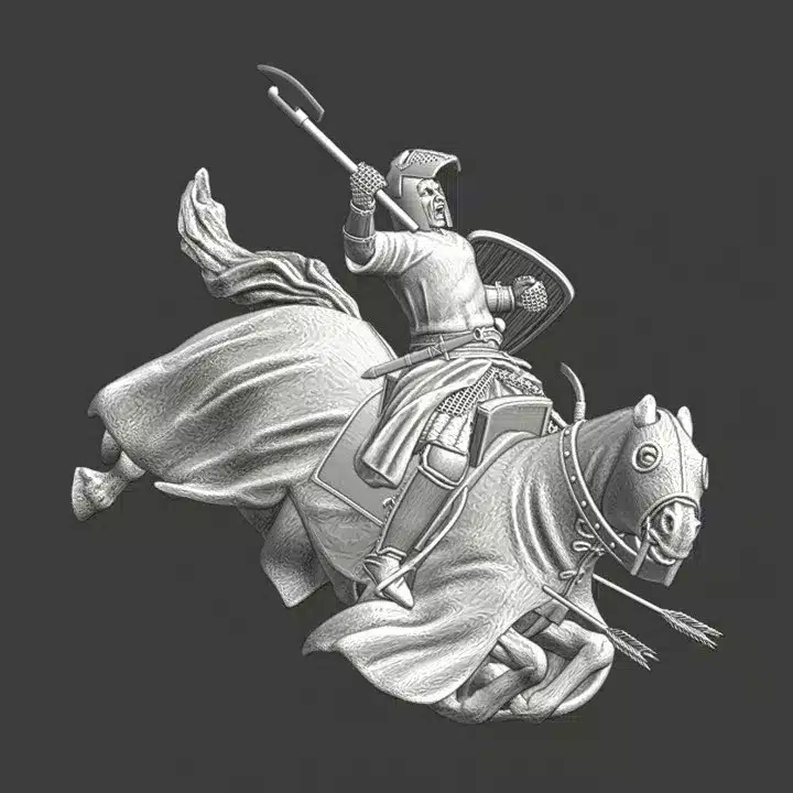 Medieval mounted knight and horse - falling in the arrow storm - NCM