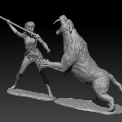 Strong pre-historic woman fighting a Sabretooth Tiger