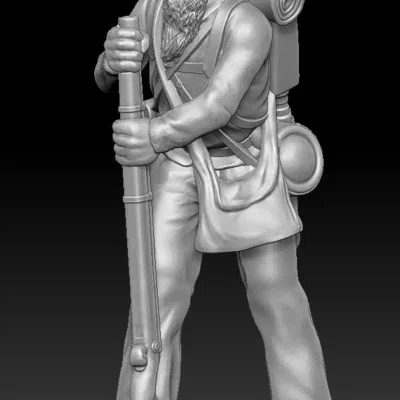 Walking with rifle as support. Wearing forage cap and large beard