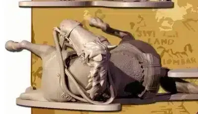 Napoleonic French Heavy Cavalry, Cuirassier / Carabinier horse fallen on side, square portmantou