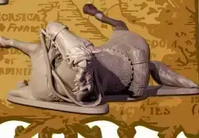 Napoleonic French Heavy Cavalry, Cuirassier / Carabinier horse fallen on side, rund portmantou