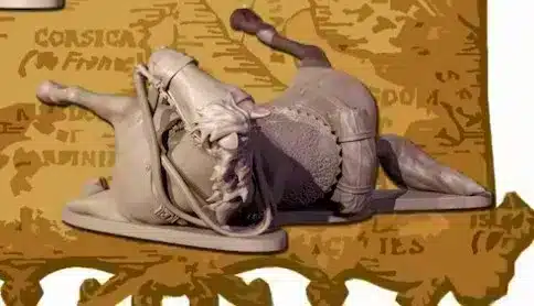 Napoleonic French Heavy Cavalry, Cuirassier / Carabinier horse fallen on side, rund portmantou