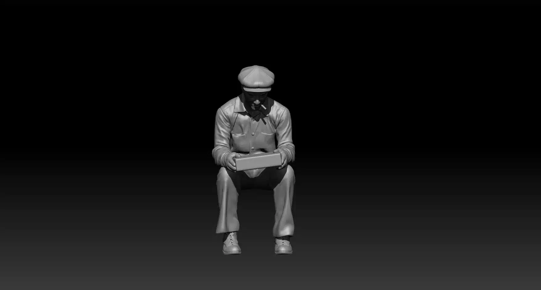 Civilian sitting looking at lunchbox smoking