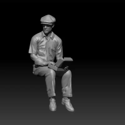 Civilian sitting with lunchbox  in cap and gloves