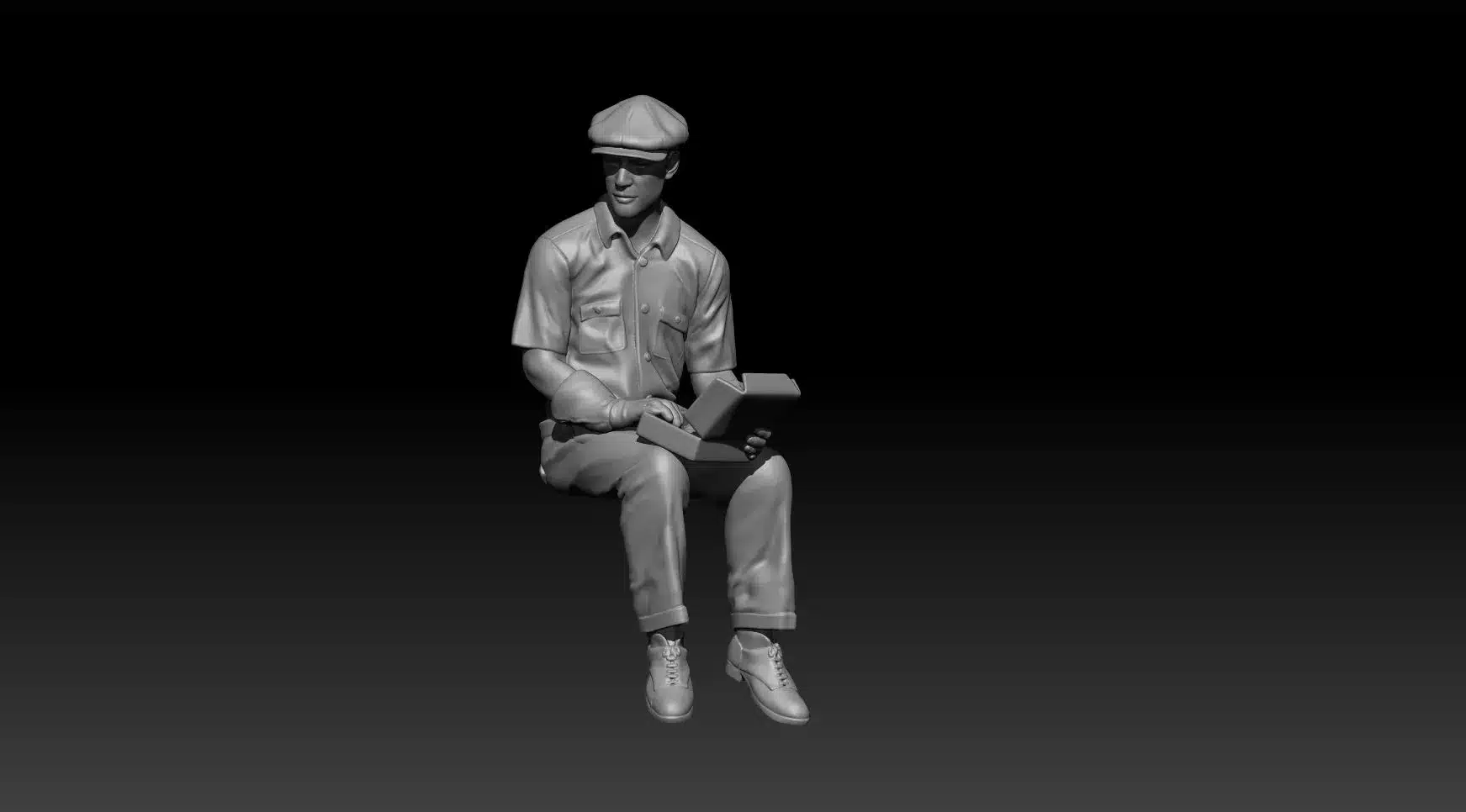 Civilian sitting with lunchbox in cap and gloves