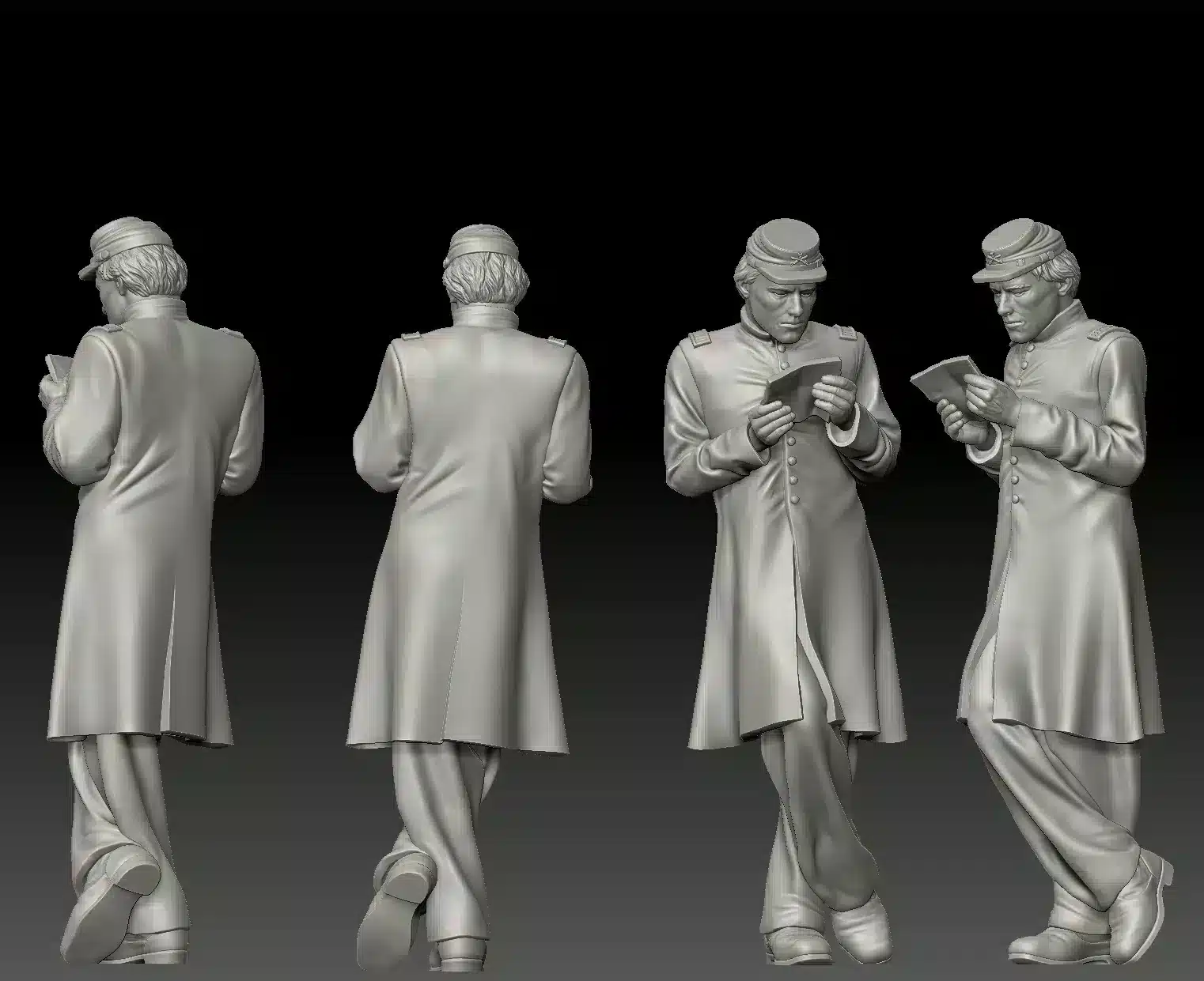 Officer in long coat, leaning, reading papers