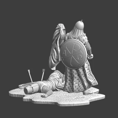 Byzantine warrior holding up cape of dead crusader - NCM