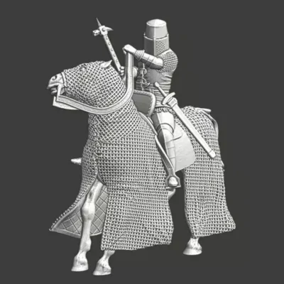 Medieval mounted knight, chainmail horse and warhammer - NCM