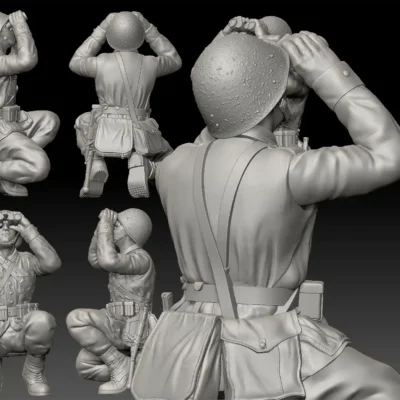 Polish WW2 soldier scouting with binoculars