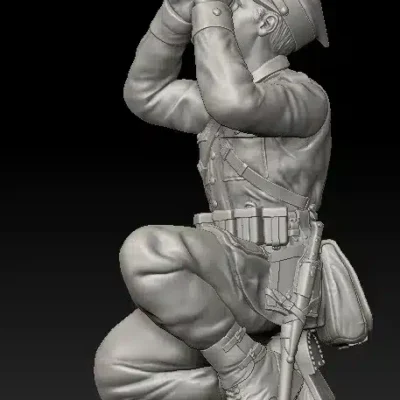 Polish WW2 officer with binoculars, crouching