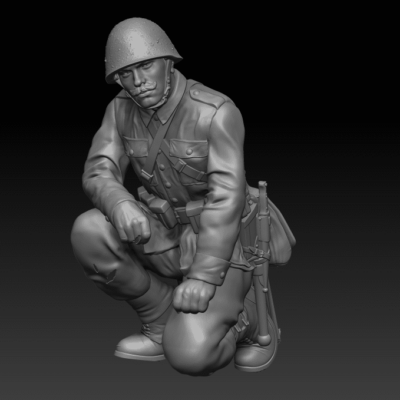 Polish WW2 soldier in moustache Kneeing