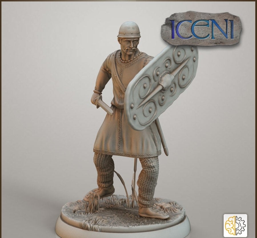 Celtic Iceni Warrior in helmet attacking with sword