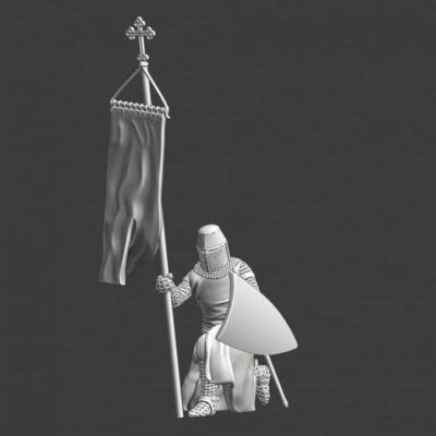 Medieval Knight kneeling with crusader banner