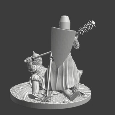 Medieval knight with spiked club fight downed russian warrior