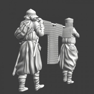 Medieval soldiers carrying chainmail for the lord