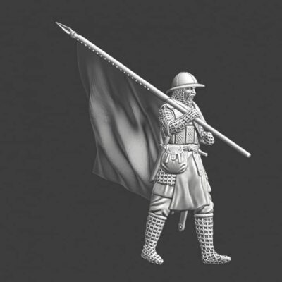 Wounded medieval soldier walking with banner
