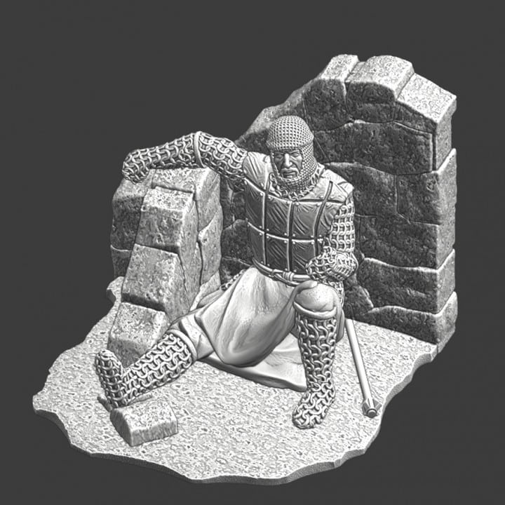 Wounded knight lying wounded in small ruin