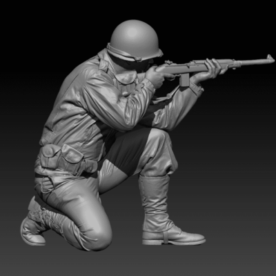 American GI soldier D-day crouching shooting with M1 Carbine