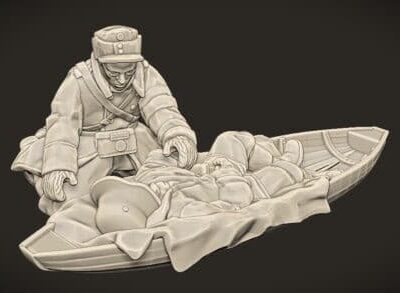 Finnish Winter War Wounded soldier and medic on Ahkio sled