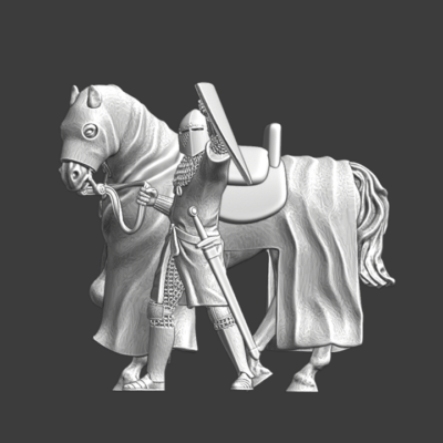 Medieval crusader knight standing with his warhorse - NCM