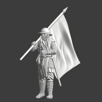 Wounded medieval soldier walking with banner