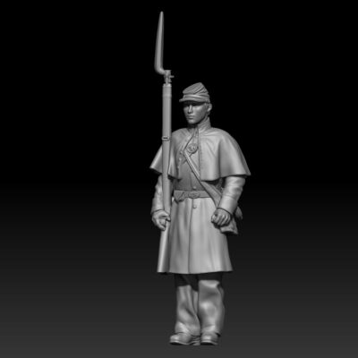 Young Winter Union Infantry in greatcoat standing attention