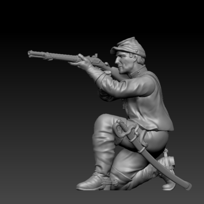 Cavalry man on ground, crouched shooting in kepi