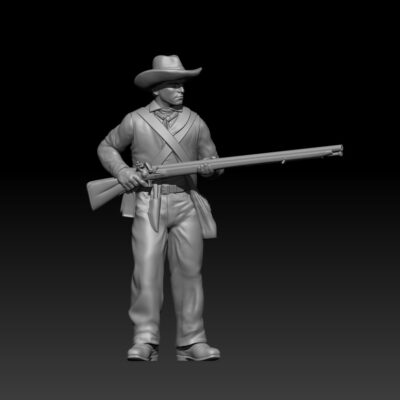 Alamo Volunteer standing ready with musket, clean