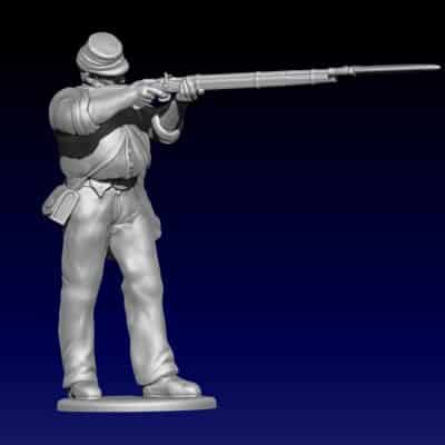 11th NY Fire Zouave in rolled up shirt, aiming