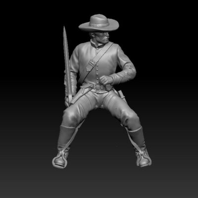 Confederate Cavalry soldier sword on shoulder, looking left