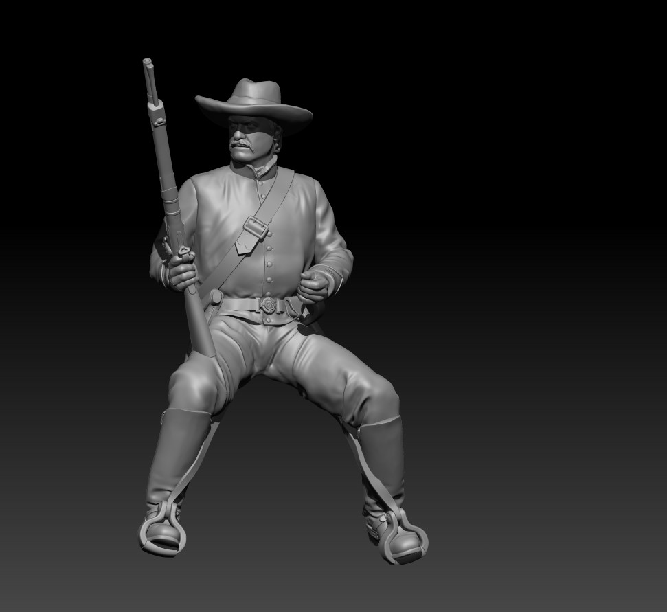 Confederate Cavalry soldier resting carbine on thigh, looking right