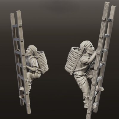 Medieval set of builders climbing ladders