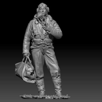 British WW2 pilot in gear standing with bag