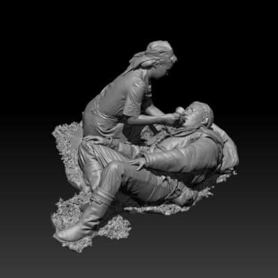 Nurse helping wounded British pilot, WW2