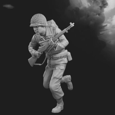 US Soldier running with rifle D-Day Omaha Beach