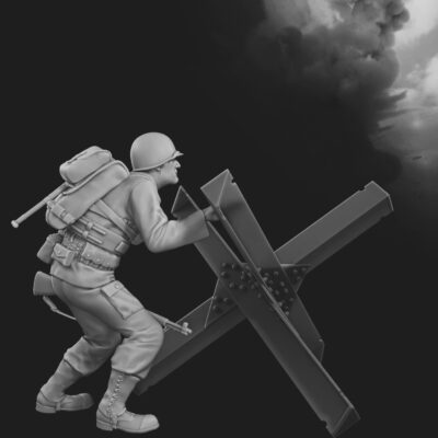 US soldier crouching D-Day Omaha Beach set