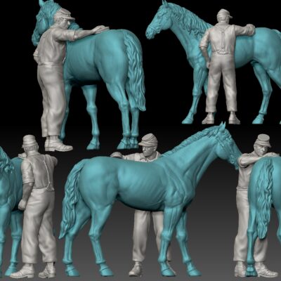 Civil war soldier brushing horse back