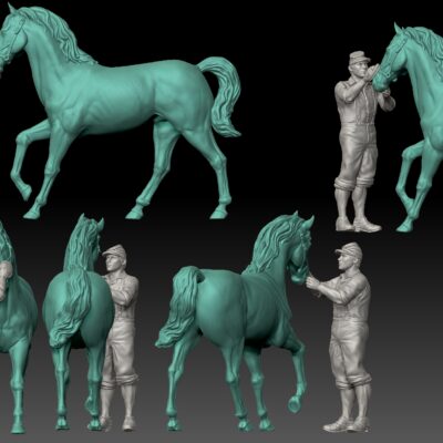 Civil war soldier brushing horse