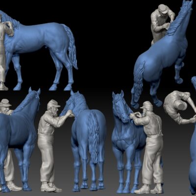 Civil war soldier brushing horse mane