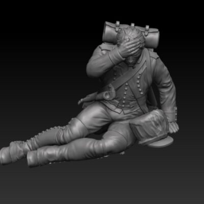 French fusilier1809/12 campaigns, full dress uniform, sitting on ground, covered shako