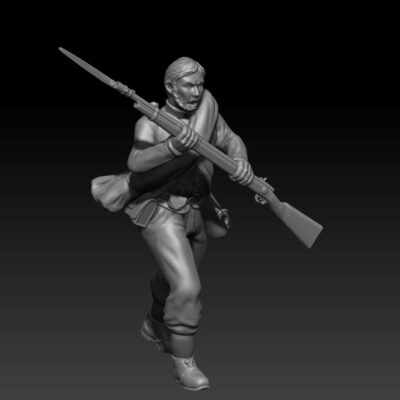 Soldier pushing forward with rifle, no hat