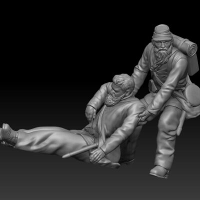 Bearded soldier helping wounded comrade